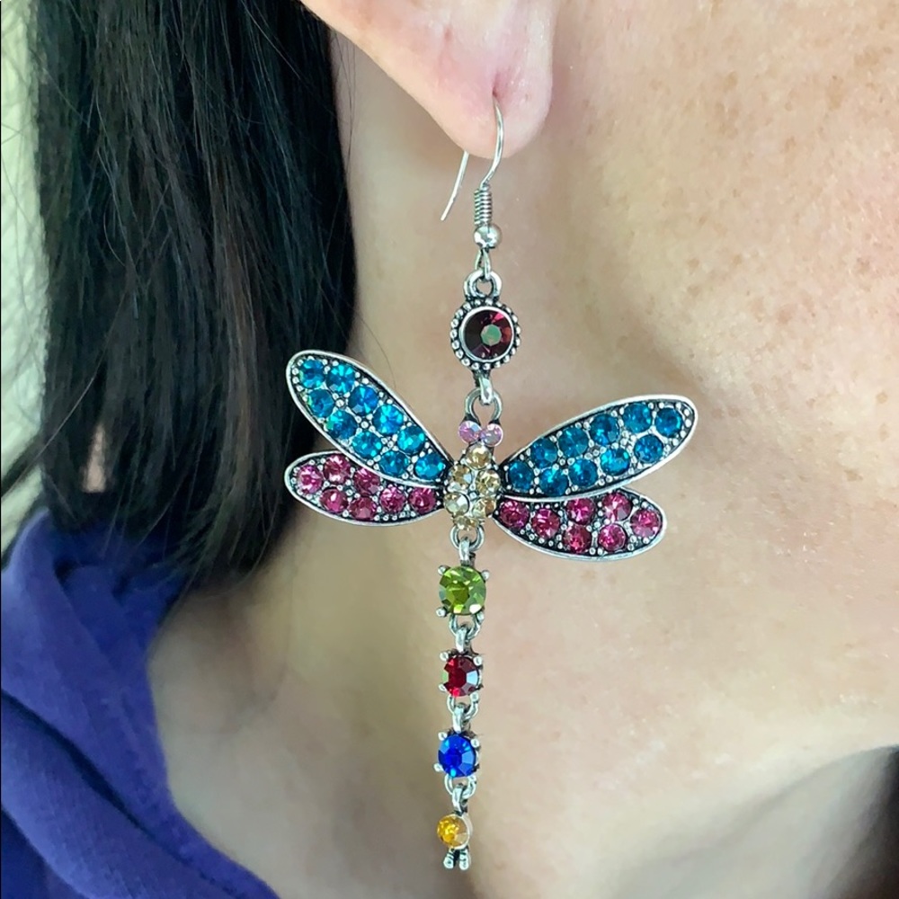 Dragon Fly Crystal Rhinestone Dangle Earrings - Picture 2 of 6